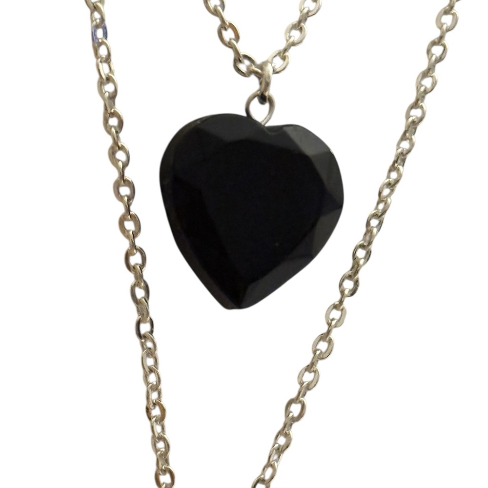 J. Jill Elegant Double Silver Plated Chain Black Crystal Heart Pendant Necklace - Picture 3 of 4
